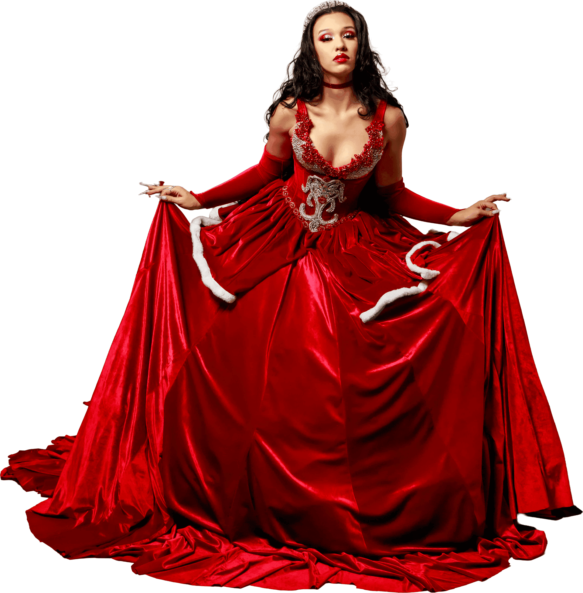 Elegant red velvet couture gown with intricate gold beadwork